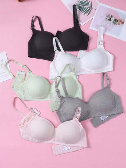 5pcs/Set Solid Color Comfortable Bras For Teen Girls, Non-Slip Adjustable Strap Bras With Fixed Pads, Suitable For 13-16 Years Old Girls [Lining Version Random]