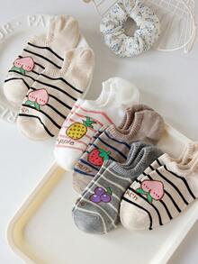 5 pares de calcetines tipo barco minimalistas con diseño de rayas y frutas dulces para mujeres, calcetines ocultos casuales, colores aleatorios, adecuados para uso diario y salidas, para todas las estaciones - Multicolor - Ver 8