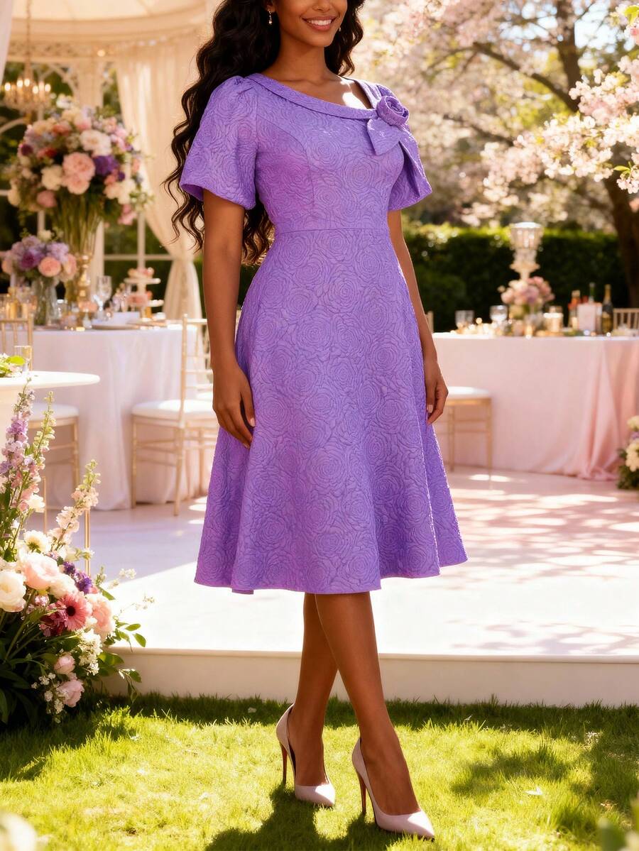 Vestido de festa feminino elegante com estampa jacquard de rosas, manga curta e mangas bufantes em relevo, ideal para aniversários, casamentos, formaturas, galas, bailes de boas-vindas e outras ocasiões especiais na primavera. - Roxo Lilás - Ver 1