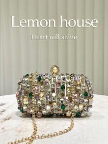 1个华丽多彩水钻装饰手拿包，奢华闪亮珠宝晚宴包，优雅盒形钱包，适合婚礼、派对、鸡尾酒会、嘉年华等正式场合 - 金色 - 查看 2