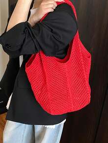 Yogodlns 轻便休闲镂空编织购物钩编包，大容量手提袋，适合旅行、户外活动和上学。多功能厨房收纳网袋，适合海滩度假或轻松携带，母亲节礼物之选。 - 紅色 - 查看 3