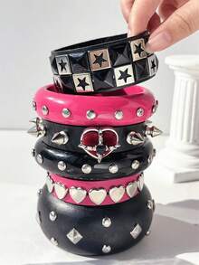 1pc Pink & Black Y2K Geometric Resin Bracelet, New Gothic Punk Rivet Leather Wristband For Women, Party Jewelry Gift - Multicolor - View 2