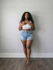 Women's Distressed Rolled Hem Denim Shorts - Slim Fit, Streetwear Style Hotpants - Light Wash - View 4