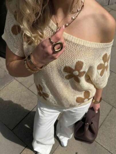 Sheer Mesh Off-Shoulder Floral Print Knit Short Sleeve Pullover Top, Sexy & Chic For Spring/Summer, Suitable For Vacation And Commute