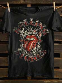 Men's Black Punk Rock Band Graphic-Shirt - Soft% Cotton Vintage Concert Tee With Red Lips & Print, Edgy Casual Short Sleeve Shirt, Washable All-Season Music Fan Apparel, Rock Band Shirts, Weekend Wear, Classic Crew Neck, Durable Print Quality HLX2 - 黑色 - 查看 1