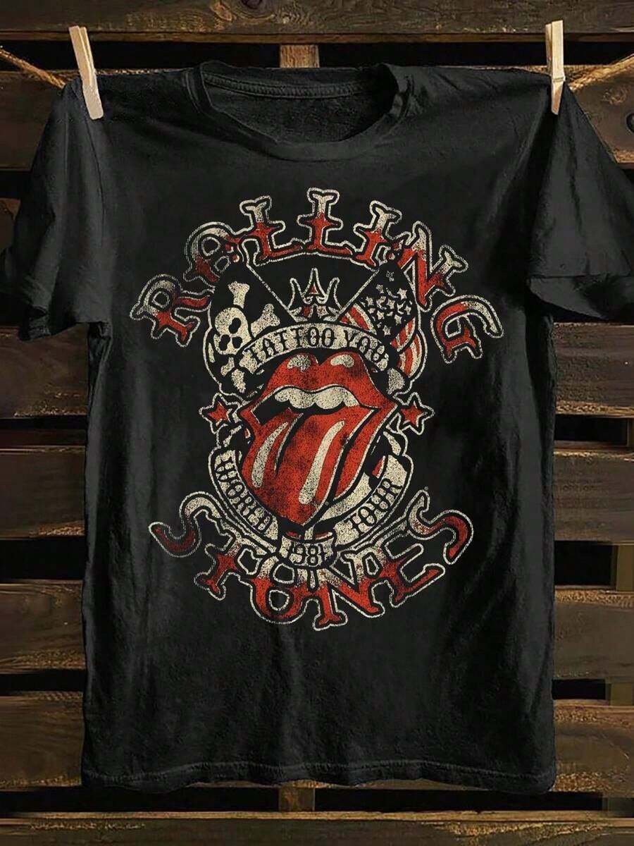 Men's Black Punk Rock Band Graphic-Shirt - Soft% Cotton Vintage Concert Tee With Red Lips & Print, Edgy Casual Short Sleeve Shirt, Washable All-Season Music Fan Apparel, Rock Band Shirts, Weekend Wear, Classic Crew Neck, Durable Print Quality HLX2 - 黑色 - 查看 1