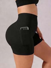 Quần short bó sát cạp cao dành cho nữ cỡ lớn, quần short yoga định hình vóc dáng có túi, thích hợp cho đạp xe, tập thể dục, chạy bộ, tập luyện, màu đen mùa xuân/hè. - màu đen - Xem 4