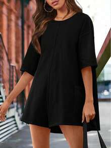 Rompers For Women 2025 Summer Athletic Oversized Romper Short Sleeve Jumpsuit With Pockets - Black - View 1