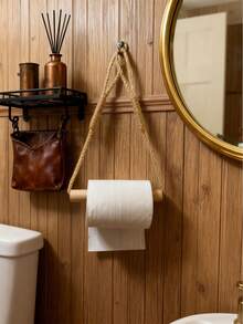 Handmade Wooden Stick & Rope Tissue Paper Holder, Creative Personalized Toilet Paper Dispenser For Home, Hotel, Motel