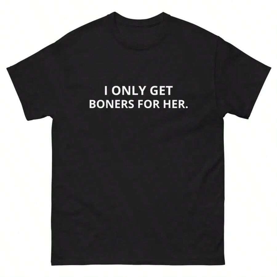 Men's 100% Cotton Summer Fashion T-Shirt With Letter Print "I ONLY GET BONERS FOR HER.", Plus Size Men's Clothing, Casual - 黑色2 - 查看 1
