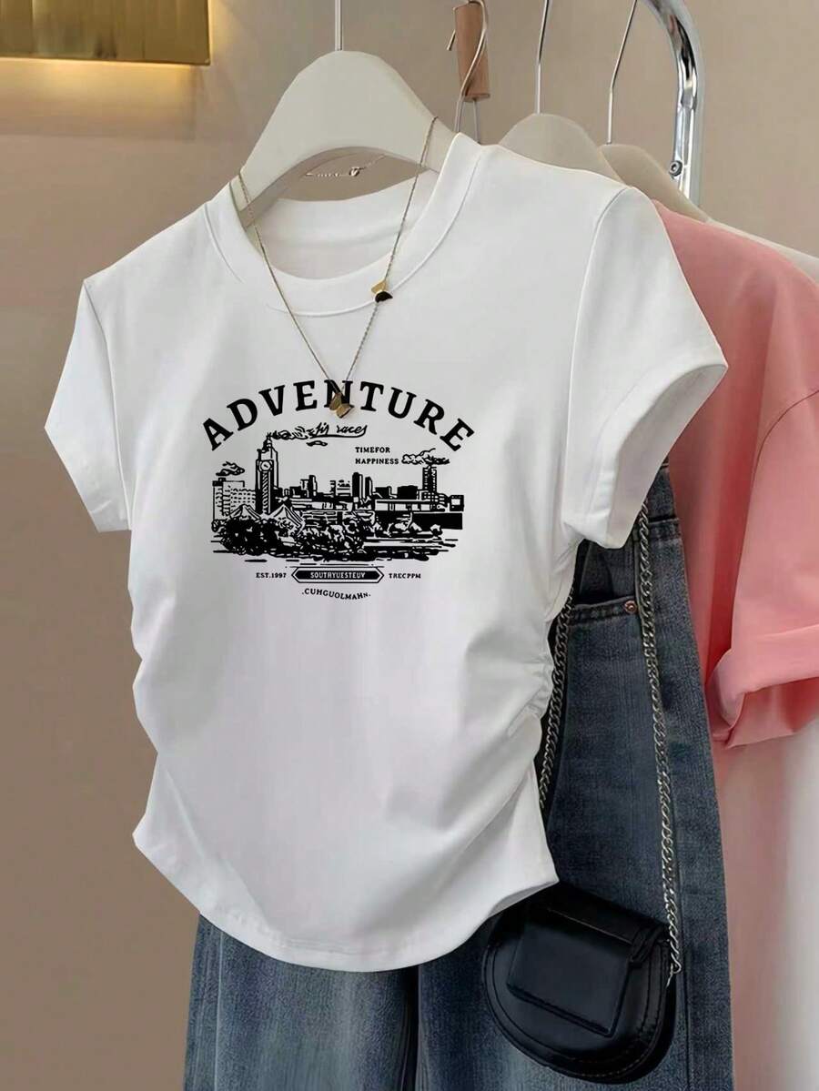 黑色印花柔软休闲短款短袖上衣 白色 - 白色 - 查看 1