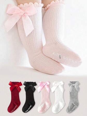 5 Pairs Big Bowknot Lace Ankle Socks, Anti-Slip, For Kids, Princess Style, Suitable For Spring, Summer, Autumn And Winter