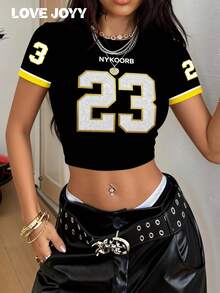 LOVE JOYY Women's Black Round Neck T-Shirt, Streetwear Cool Style, Letter & Number Graphic, Ideal For Casual Outings, Street Snap & Parties - Multicolor - View 5