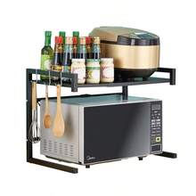 2 Tiers Adjustable Kitchen Shelf With Hooks, Microwave Oven Rack, Rice Cooker Rack, Iron Storage Organizer For Small Spaces/Countertops/Corners/Pantry, Black - 2 Tiers: 39-63*36*42cm - View 4