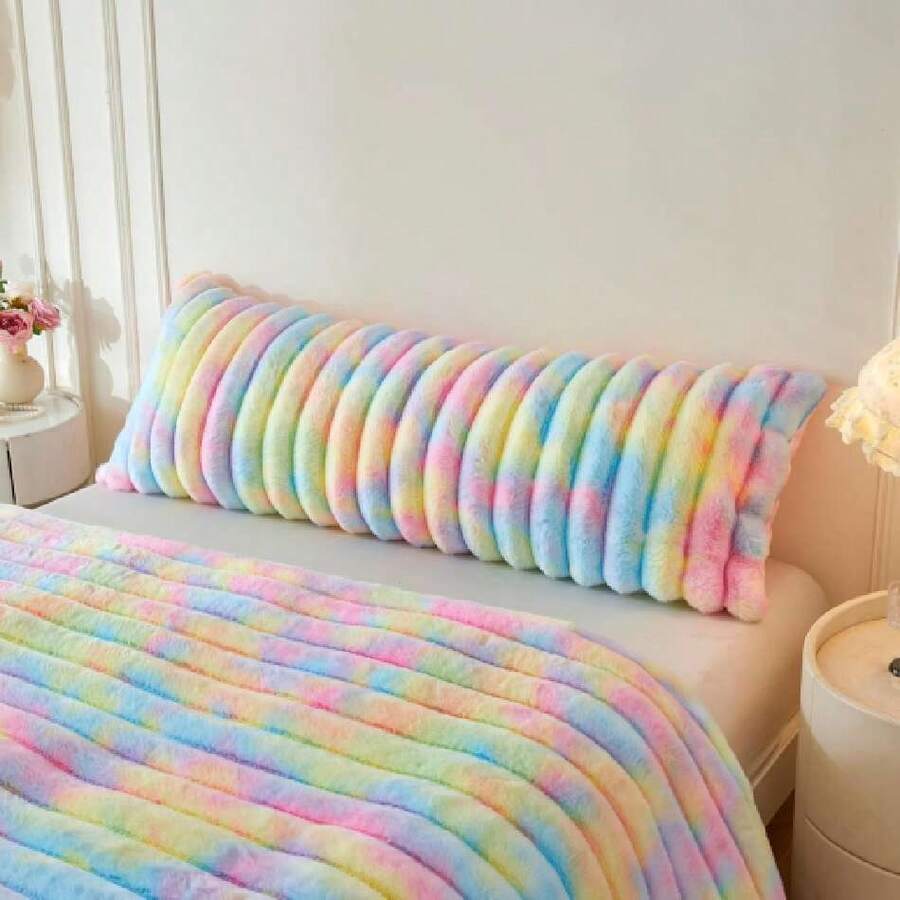 Fluffy Faux Rabbit Fur Body Pillow Cover, Luxury Plush Fuzzy Striped 20x54 Tie Dye Body Pillowcase Bedroom, Shaggy Furry Zippered Bedroom Long Pillow Case For Pregnant Women Side Sleeper, Rainbow,39983377 - 藍色 - 查看 1