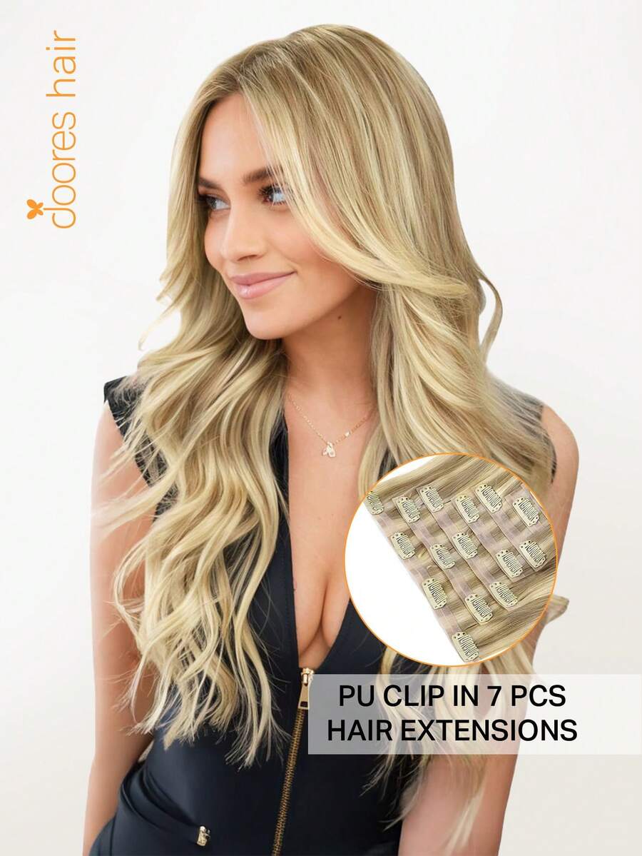 DOORES Seamless PU Clip-In Hair Extensions 7pcs 110g Light Blonde Highlights 100% Human Hair Invisible Comfortable Natural Blend Easy To Wear