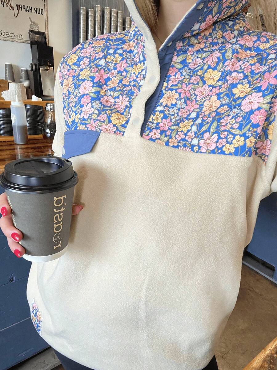 Women's Fleece Pullover Floral Patchwork Collar Pocket Casual Vintage Y2K Top - Màu be - Xem 1