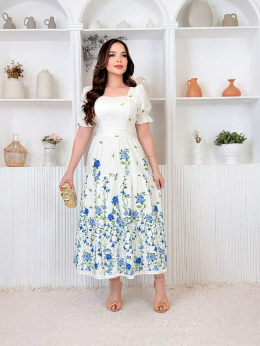 Elegant Midi Dress In Printed Cotton Fabric With Short Sleeves. - 藍色 - 查看 1