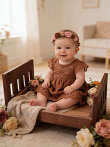 新款摄影道具 复古新生儿摄影棚道具 木床，可拆卸婴儿木制婴儿床摄影配件 - 彩色 - 查看 4