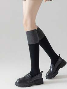 1/2/3/4双装女士过膝袜，黑灰撞色设计，户外运动袜，休闲条纹袜，舒适保暖 - 彩色 - 查看 4