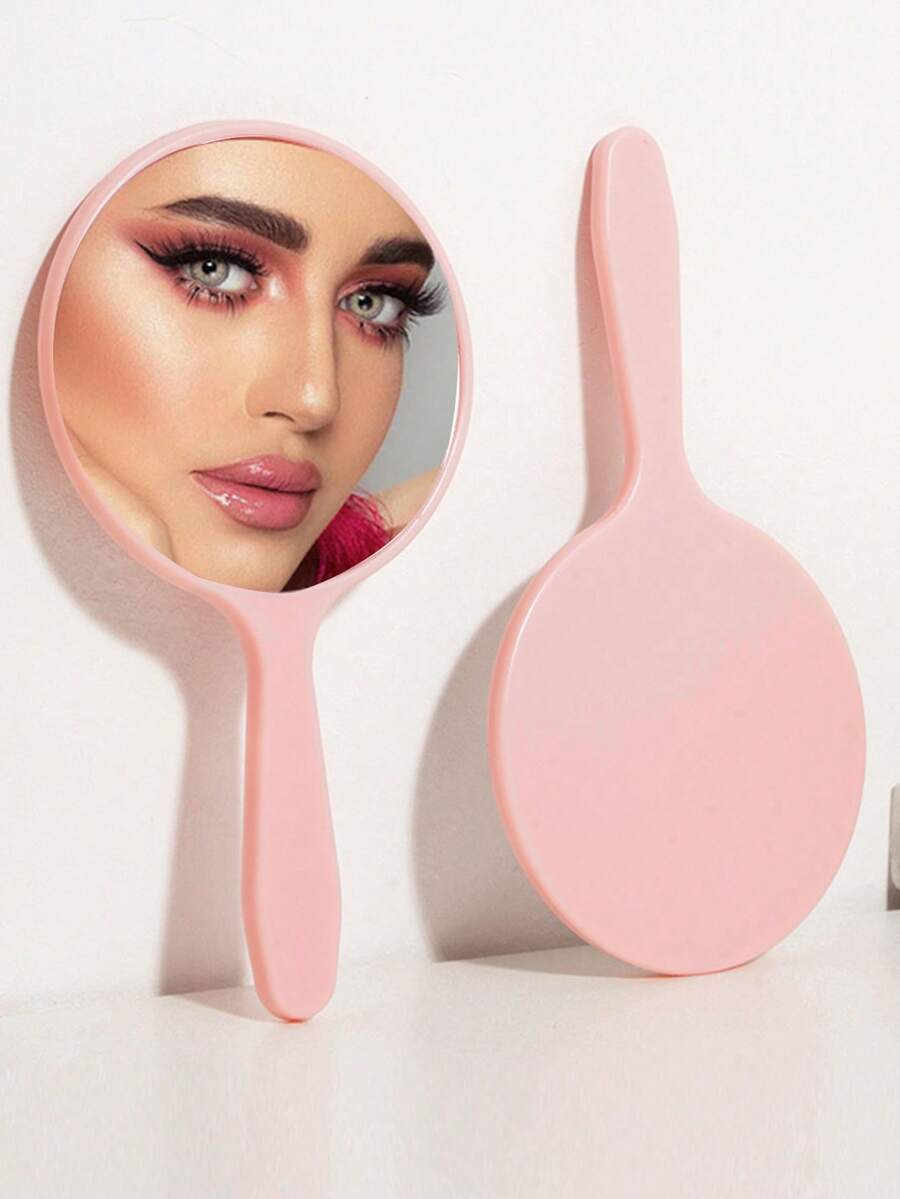 1 pieza/5 piezas/10 piezas/50 piezas Espejo compacto de mano, espejo de maquillaje portátil para bolso, esencial de viaje, espejo de tocador con mango para estudiantes, regalos, viaje, artículos baratos, esencial de viaje - Rosa - Ver 1