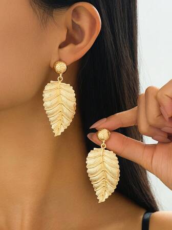 1对/2件 简约时尚创意复古几何叶子耳钉首饰