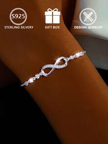 1pc 925 Sterling Silver Infinity Symbol Zirconia Decor Adjustable Bracelet (Eternal Bond Edition), Gift Box, Suitable For Daily Wear And Valentine's Day Gift - Silver - View 7