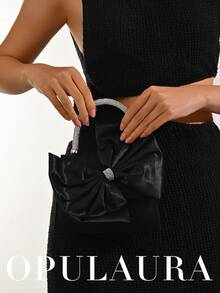 Túi xách dạ hội OpulAura dành cho nữ, màu đen satin thanh lịch, nắp gập, đính nơ pha lê lấp lánh, túi cầm tay dự tiệc sang trọng, túi đeo vai chéo có dây xích, phù hợp cho các buổi dạ tiệc, sinh nhật, đám cưới, phụ kiện cô dâu. - màu đen - Xem 8
