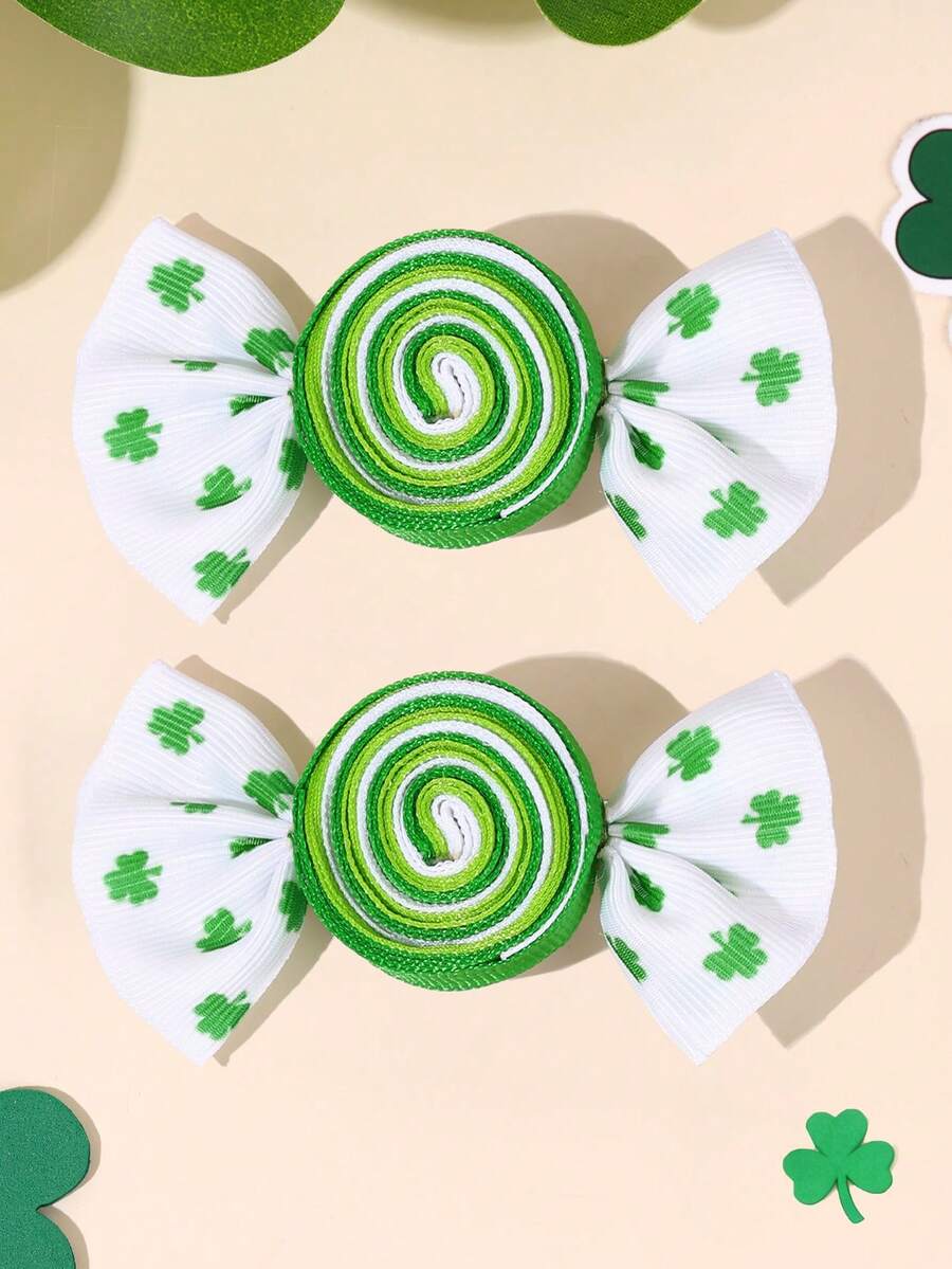2个圣帕特里克节女孩发夹，绿色三叶草蝴蝶结鳄鱼夹，糖果造型罗缎丝带蝴蝶结发夹，节日三叶草发卡，幸运四叶草发夹，青少年发饰