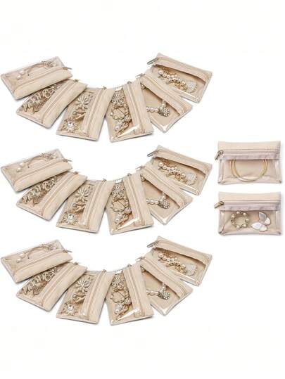 1/2/5/12件套首饰收纳袋，旅行首饰袋，透明可视，内衬绒布，适合收纳项链、手链、戒指、耳环等首饰，拉链式密封设计，便携易用，防氧化防丢，多功能收纳袋，情人节礼物，女孩礼物，首饰收纳配件