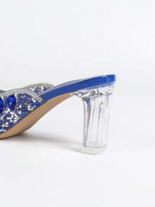 Luxury Elegant Crystal High Heel Shoes, Transparent Crystal High Heels, Full Crystal Embellished Upper, Chunky Heel, Comfortable, Glamorous, Sparkling Crystals, Suitable For Parties, Gatherings, Galas, Shopping, Various Occasions And Festivals, Showcasing Graceful Elegance, Fashionable And Versatile High Heel Shoes, Sparkling Crystal Decorated High Heel Sandals - Royal Blue - View 9