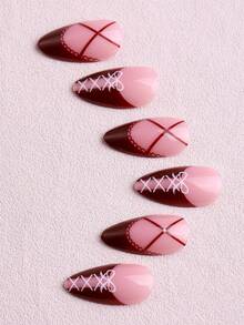 24片Y2K风格长款杏仁形3D樱桃情人节美甲贴片，蝴蝶结和仿珍珠美甲设计，酒红色丝带法式贴片，完美贴合长款假指甲套装，包含：1片果冻胶和1个指甲锉，易于佩戴的法式贴片美甲，适合女性和女孩日常嘉年华派对美甲用品