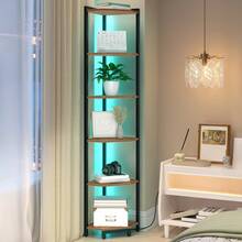 HEXCELEN Corner Shelf With LED Light, 6-Tier Corner Bookshelf, Tall Narrow Display Bookcase With Metal Frame, Standing Shelf For Small Space, Living Room, Home Office, Bedroom,Rustic Brown - Xem 2