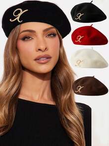 1 chiếc mũ beret nữ, mùa thu/đông, kiểu Hàn Quốc, mũ beret hình quả bí ngô, mũ len ấm áp thường ngày, đa năng, mũ nghệ sĩ retro Nhật Bản kèm phụ kiện chữ cái. - Nhiều màu - Xem 6