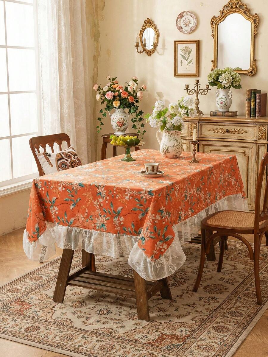 1pc Nordic Mink Velvet Floral & Bird Print Tablecloth, French Luxury Printed Tablecloth With Ruffle Edge, Suitable For Dining Room, Coffee Table, Living Room, Bedroom, Kitchen, Home Decor, Great For Party, Picnic, Wedding