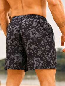 Manfinity Swimmode Floral Print Casual Beach Shorts Men, Black Swim Trunks, Black Hawaiian Floral Print Swim Shorts Men - Gris - 查看 3