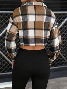 1 chiếc áo sơ mi ngắn tay dài kẻ caro lớn màu nâu, kiểu dáng thường ngày, đa năng cho cả mặc hàng ngày và hẹn hò, thích hợp cho kỳ nghỉ xuân/thu. - màu nâu - Xem 2