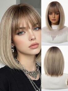 12-Inch Short Ombre Brown Synthetic Natural Looking Wig, Women's Bob Style With Bangs, Heat Resistant, For Everyday Wear, Cosplay, Party - Brown Ombre - View 2