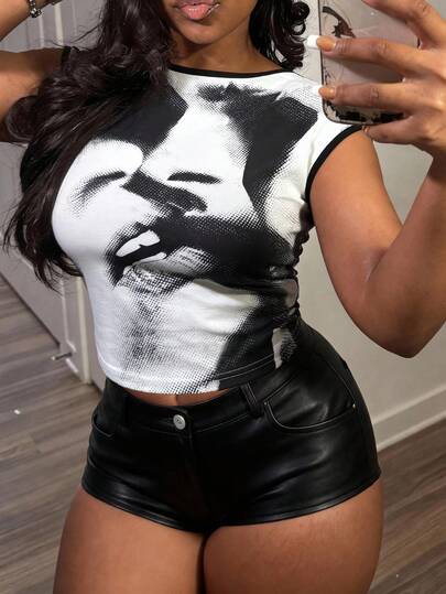 Women Sexy White Graphic Print Crop Top, Round Neck Sleeveless Slim Fit Design, Summer Hit, Suitable For Summer Going Out Party Girlfriends Gathering