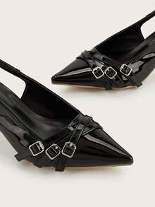 Women's 2025 New Fashion Metal Buckle Elegant Pointed Toe High Heel Pumps - Black - View 5