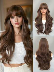 7JHH WIGS Loose Long Wavy Natural Brown Wig With Bangs 26 Inch Tea Brown Hair Synthetic Curly Wave Wig Full Machine High Density Synthetic Heat Resistant Wigs For Women Daily Wear, Music Festival Cosplay Use - Brown - View 3