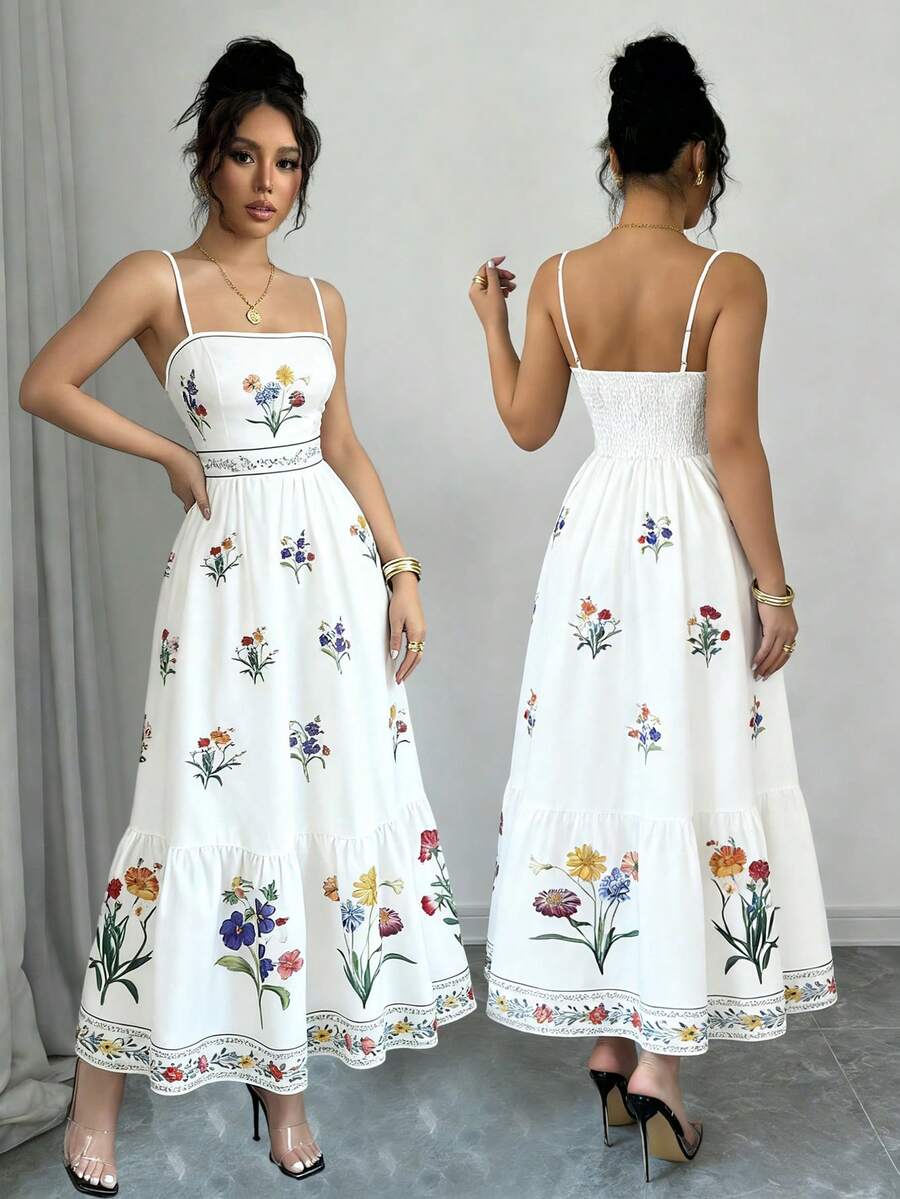 Women's Long Dress, Halter Neck Style With Vintage Print, Gathered Waist At The Back, Adjustable Straps, Elegant Dress. - 查看 1