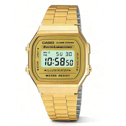 Casio A168WG-9W 时尚电子表 - 复古金色金属表带，带夜光计时功能 - 单只装。金色表盘，小方表盘，秒表闹钟定时器，经典表带设计，自动日历。适合日常佩戴。展现个性街头风格。可作为礼物送给她，例如生日礼物、周年纪念礼物、新年礼物、圣诞礼物。