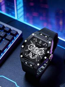 Guess Phoenix GW0203G3 Multifunktions-Herren-Quarzuhr, Armband aus schwarzem Silikon, Zifferblatt in Barrel-Form, Lässig Armbanduhr, geeignet für täglichen Street-Style und Sportbekleidung, modisches Herrengeschenk, ideales Weihnachtsgeschenk für den Freund - Schwarz - Übersicht 2