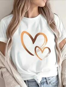 Women Black White Heart Print T-Shirt Lightweight Durable Short Sleeve Round Neck Casual Top With Golden Heart Music Notes Design Cafe Outdoor Wear Versatile Clothing Medium Stretch Fabric Comfortable Fit Stylish Blouse Fashion Lovers - 白色 - 查看 7