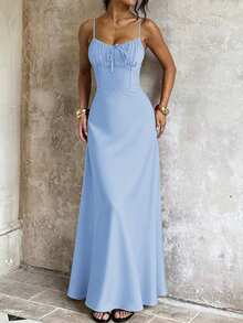 PoPoHouse 女士长裙，优雅性感波西米亚风沙滩度假纯色派对吊带裙，情人节女装，春夏女装 - 淺藍色 - 查看 6