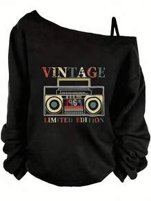 Summer Outfits, Vintage Boombox Graphic Off-The-Shoulder Sweatshirt, Y2K Style, Nostalgic Vibes, Limited Edition-Holiday Outfits For Women, Theme Graphic Tees, Festival Wear, Fun Party - 黑色 - 查看 7