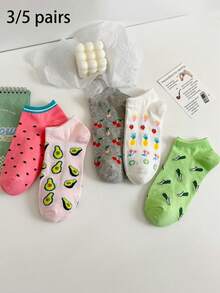 3/5包 新款春夏薄款透气水果图案船袜，学院风，清新休闲，百搭女士短款低帮袜