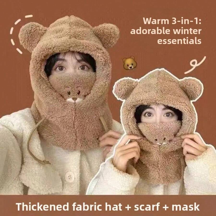 Cartoon Bear Plush Hat, Ear And Neck Protection, Cute Winter Hooded Hat, Comfortable And Warm Brimless Cap - Multicolor - View 1