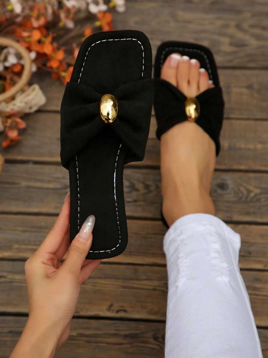 黑色方头褶皱平底拖鞋，金属搭扣，绒面革套脚沙滩鞋，优雅休闲百搭女士平底拖鞋，夏季新款 - 黑色 - 查看 1